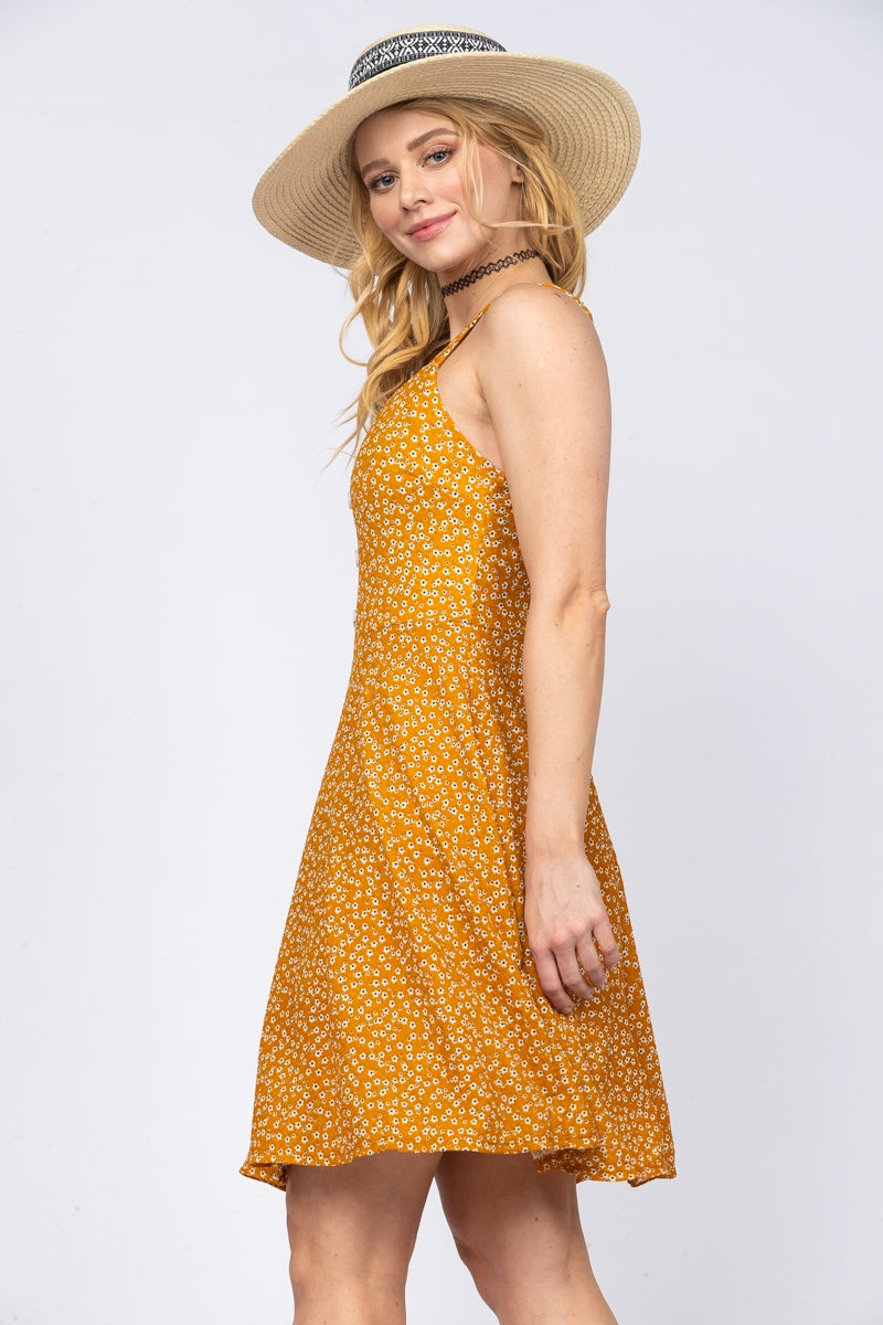 MUSTARD WHITE CALICO FLORAL SLEEVELESS MINI DRESS L3691