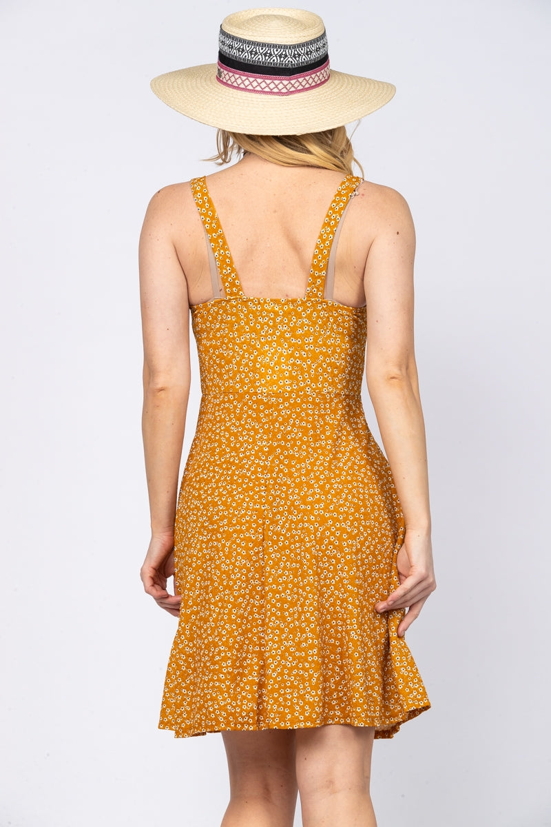 MUSTARD WHITE CALICO FLORAL SLEEVELESS MINI DRESS L3691