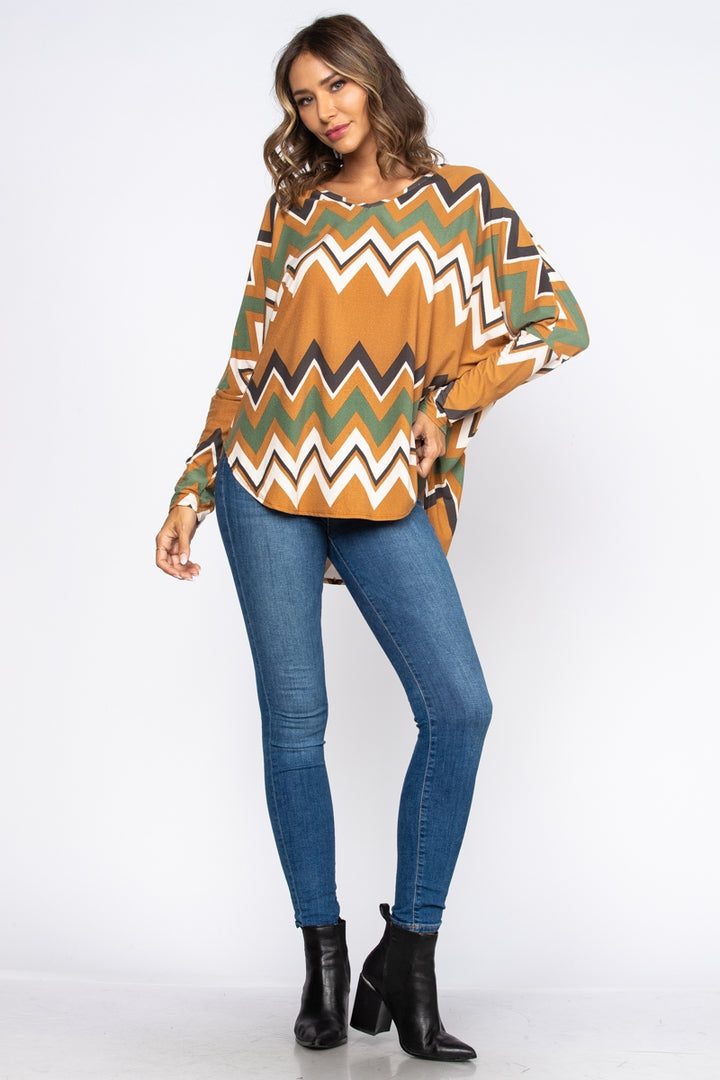 MUSTARD/GREEN ZIGZAG PRINT OVERSIZE TOP -A