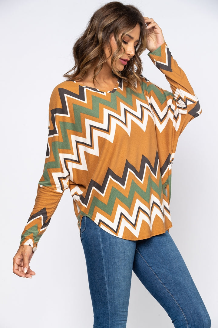 MUSTARD/GREEN ZIGZAG PRINT OVERSIZE TOP -A