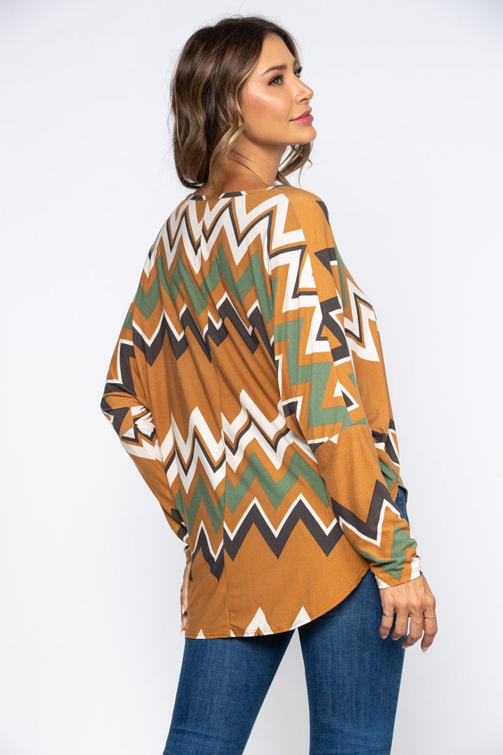 MUSTARD/GREEN ZIGZAG PRINT OVERSIZE TOP -A