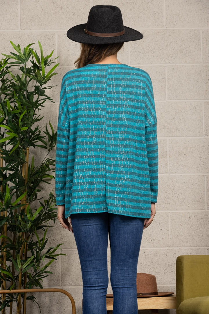 OCEAN BLUE STRIPPED & SPARKLED ALL OVER KNIT TOP B5570A