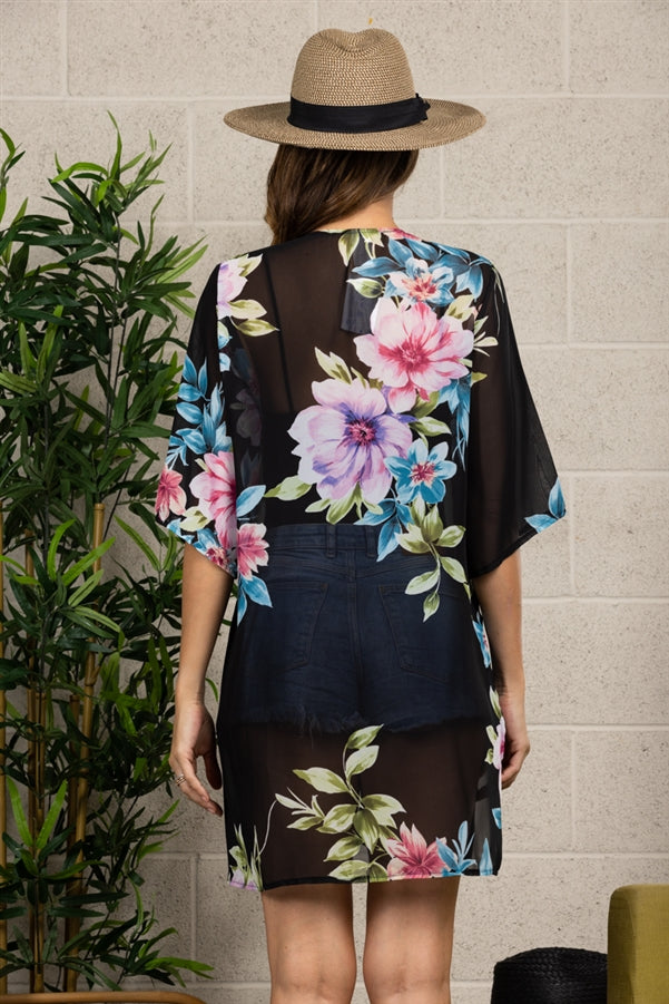 BLACK FLORAL PRINT MESH COVER-UP WOVEN CARDIGAN-B5461