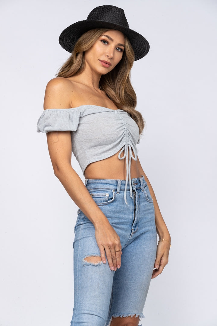 DUSTY GREY OFF SHOULDER RUCHED DRAWSTRING  CROP TOP-H7366