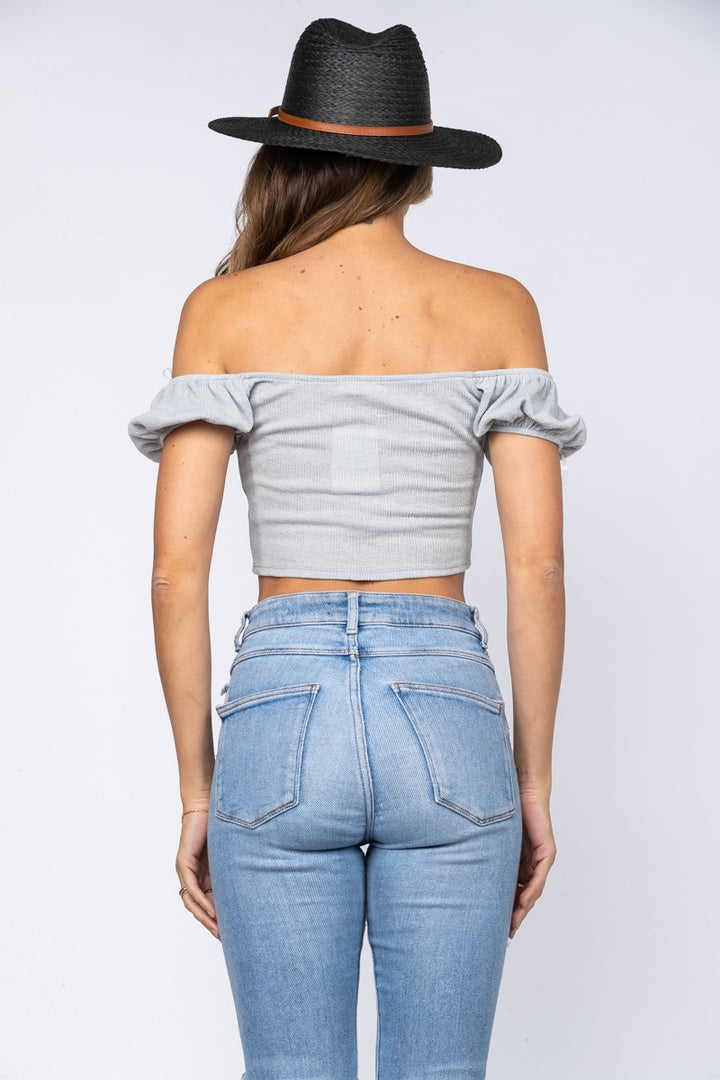 DUSTY GREY OFF SHOULDER RUCHED DRAWSTRING  CROP TOP-H7366