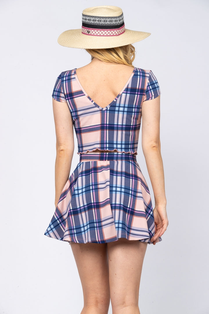 PINK PLAID LETTUCE TRIM CROP TOP AND SKIRT SET-L4371