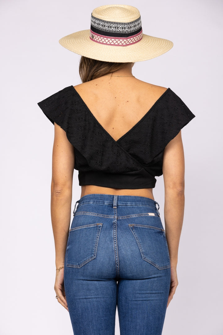 NOIR BLACK EMBROIDERED DETAILS SURPLICE CROP TOP-L4407