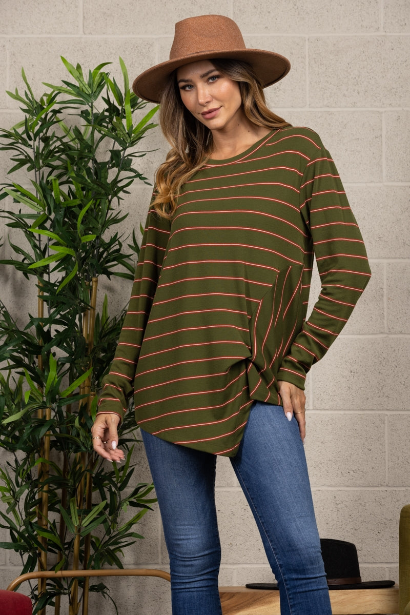 OLIVE STRIPE RELAXED FIT KNOT SEAM TOP TT3047A