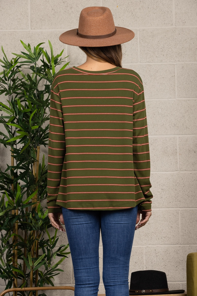 OLIVE STRIPE RELAXED FIT KNOT SEAM TOP TT3047A