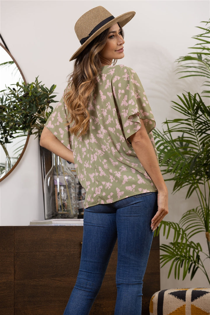 OLIVE FLOWER PRINT FRONT KNOT TOP T1999-1