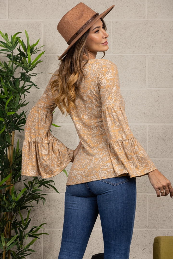 MUSTARD PAISLEY PRINT TRUMPET LONG SLEEVES TOP-TH10371PB