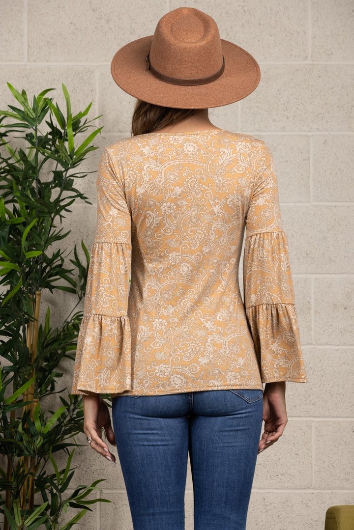 MUSTARD PAISLEY PRINT TRUMPET LONG SLEEVES TOP-TH10371PB