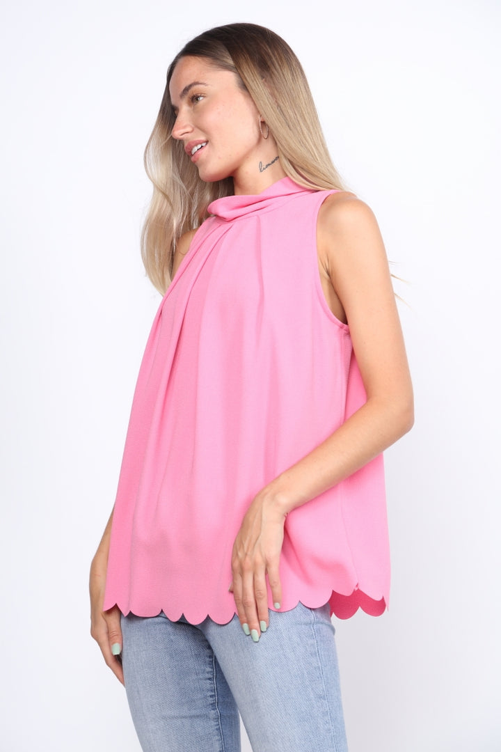 PINK MOCK NECK SLEEVELESS PETALS HEMLINE TOP TT2708