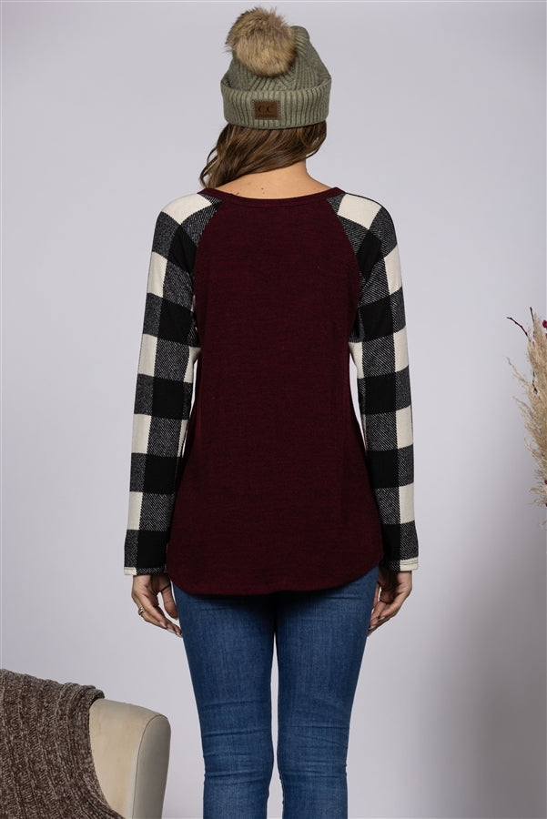 BURGUNDY MADRAS PRINT PATCH POCKET KNIT TOP-ST1789