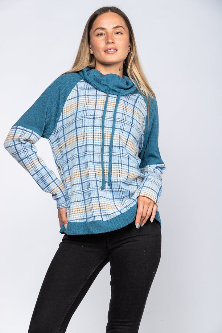 BLUE COWL NECK DRAWSTRING MADRAS KNIT TOP-TT3435