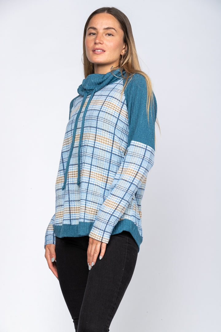 BLUE COWL NECK DRAWSTRING MADRAS KNIT TOP-TT3435