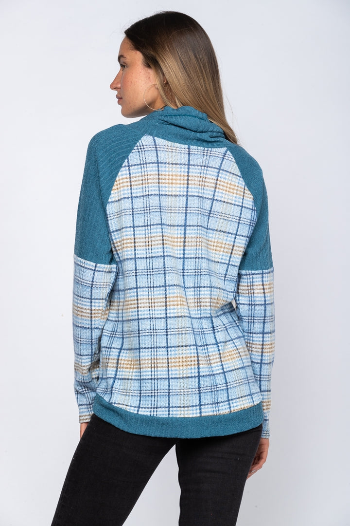 BLUE COWL NECK DRAWSTRING MADRAS KNIT TOP-TT3435