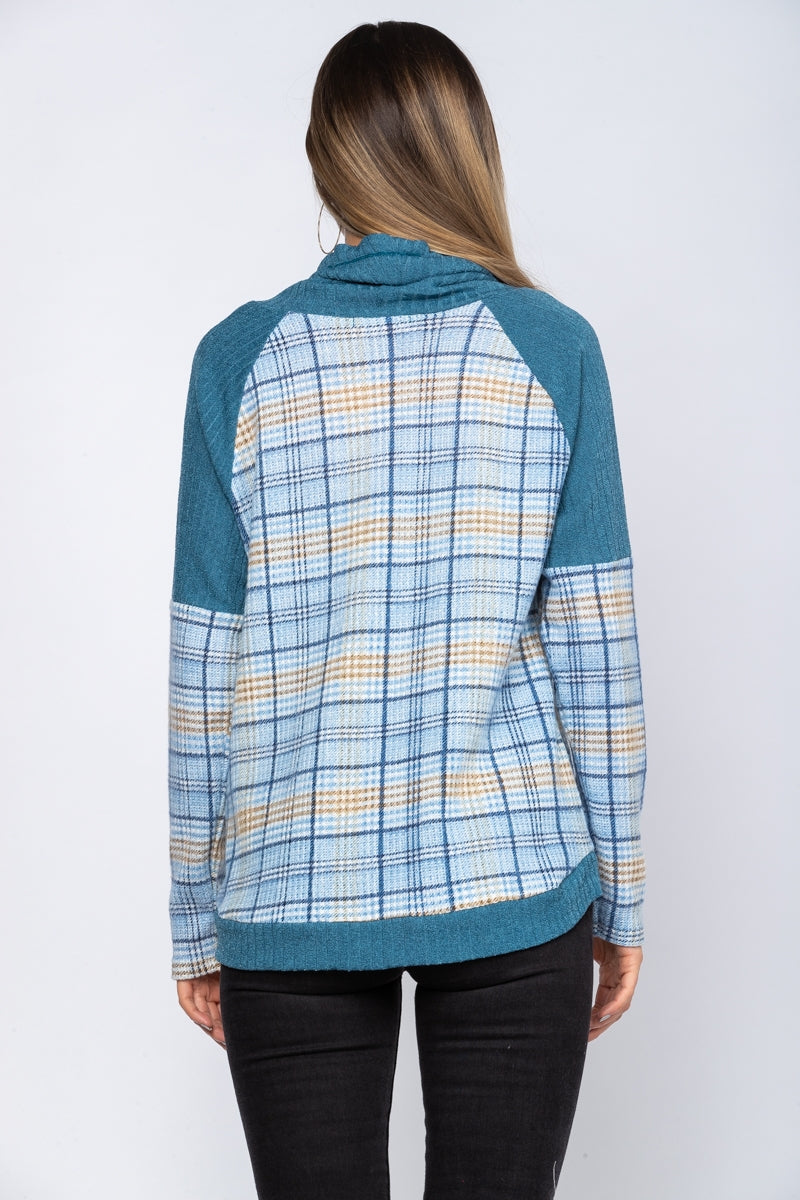 BLUE COWL NECK DRAWSTRING MADRAS KNIT TOP-TT3435