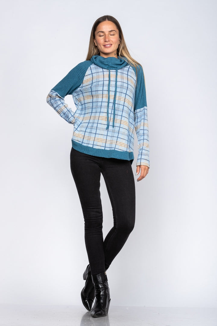 BLUE COWL NECK DRAWSTRING MADRAS KNIT TOP-TT3435