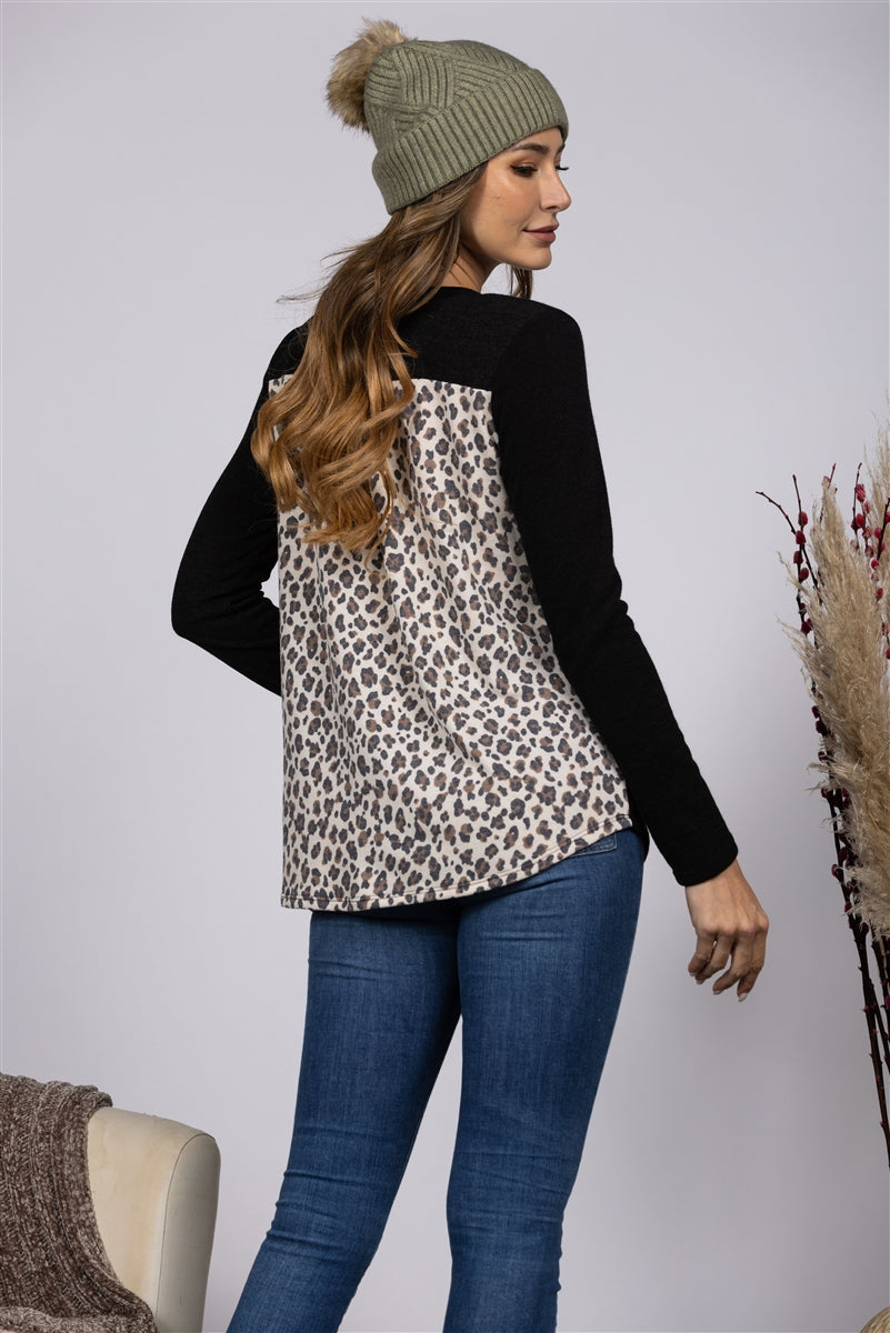 BLACK LEOPARD PRINT CONTRAST LONG SLEEVES KNIT TOP-ST1792