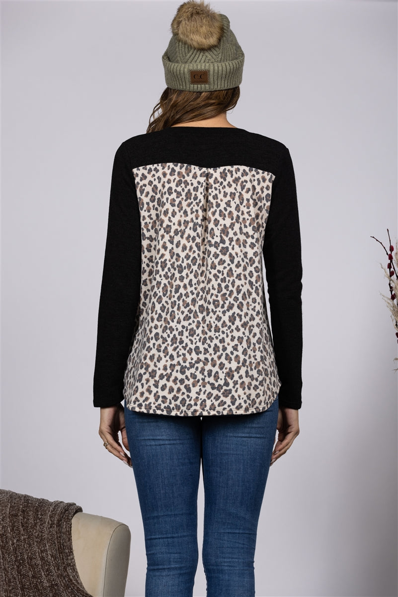 BLACK LEOPARD PRINT CONTRAST LONG SLEEVES KNIT TOP-ST1792