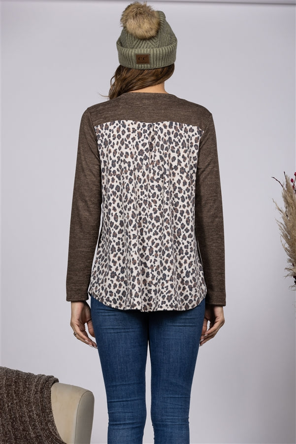 BLACK LEOPARD PRINT CONTRAST LONG SLEEVES KNIT TOP-ST1792