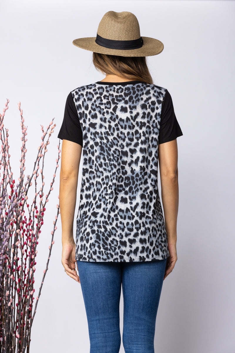 GREY BLACK CONTRAST CHEETA PRINT KNIT TOP-ST2023