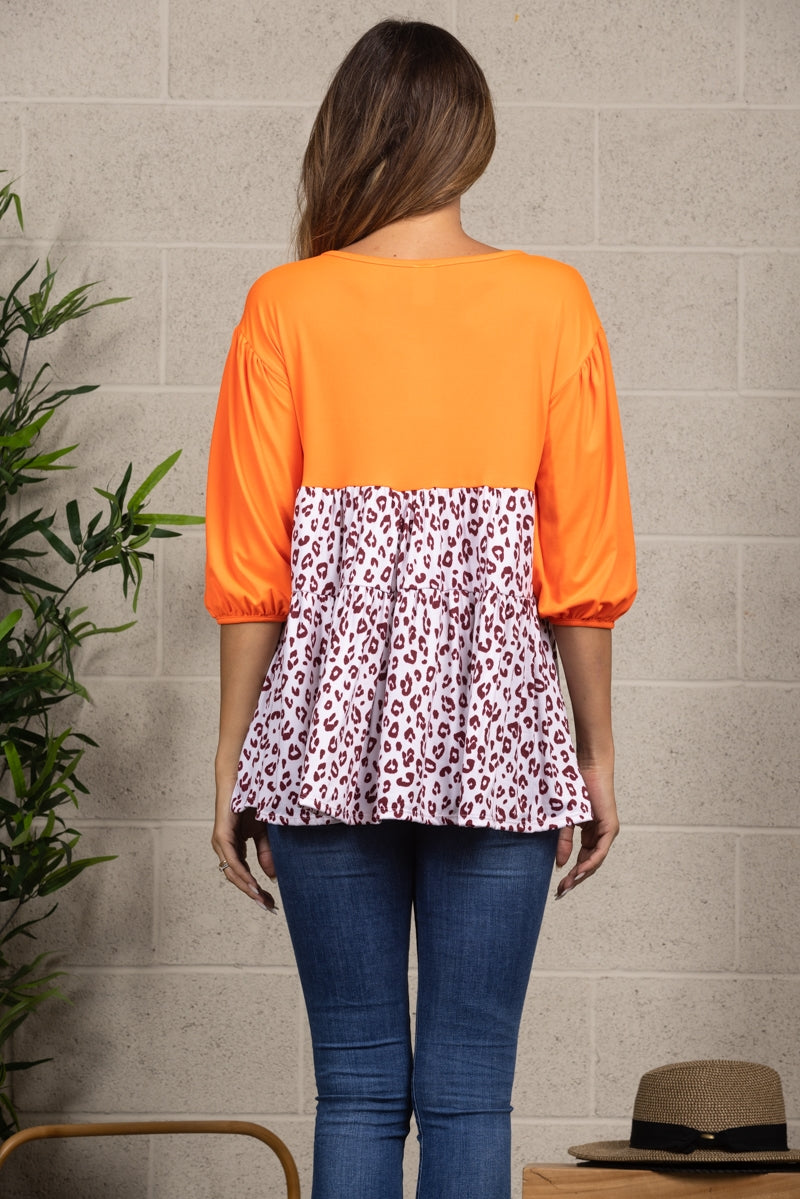 ORANGE LEOPARD PRINT CONTRAST HALF SLEEVE TOP B5719-C