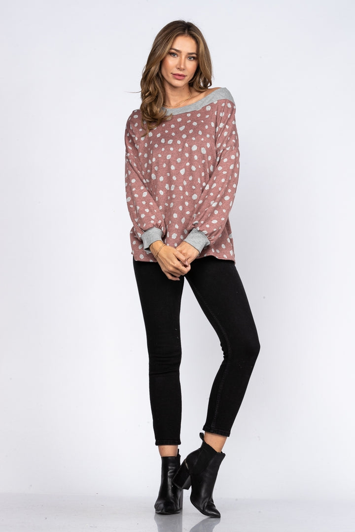 DUSTY REDWOOD DOTS PRINT RIB STITCH CONTRAST TOP-T1948