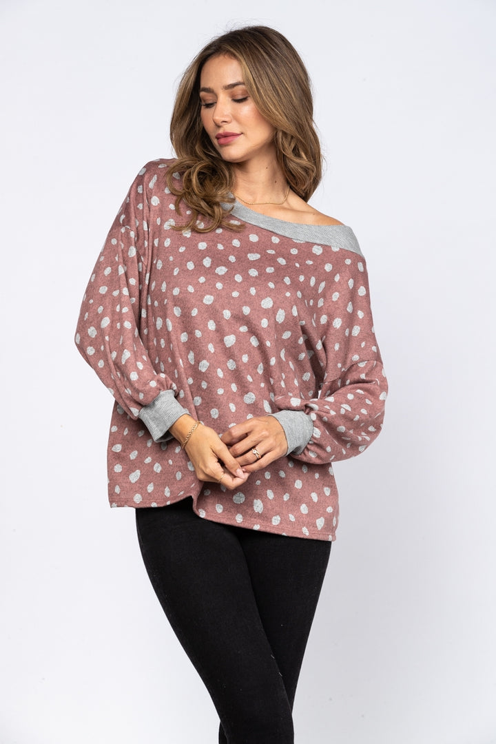 DUSTY REDWOOD DOTS PRINT RIB STITCH CONTRAST TOP-T1948