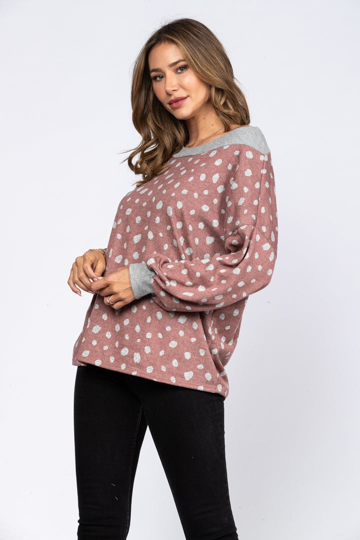 DUSTY REDWOOD DOTS PRINT RIB STITCH CONTRAST TOP-T1948