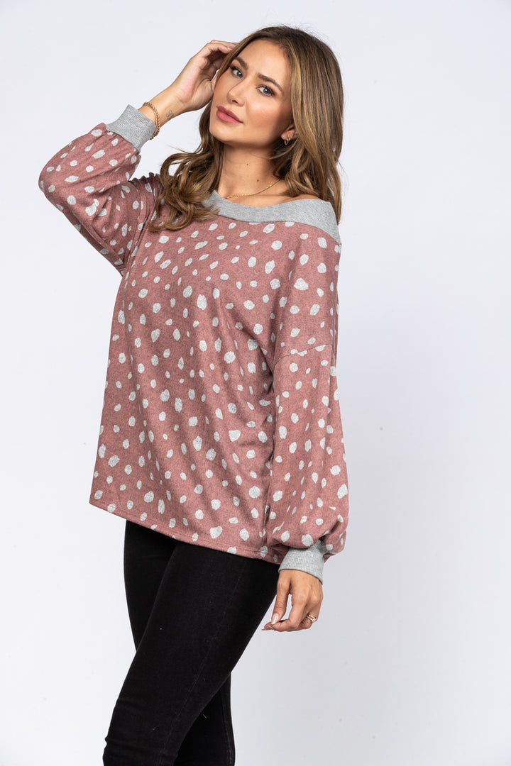 DUSTY REDWOOD DOTS PRINT RIB STITCH CONTRAST TOP-T1948