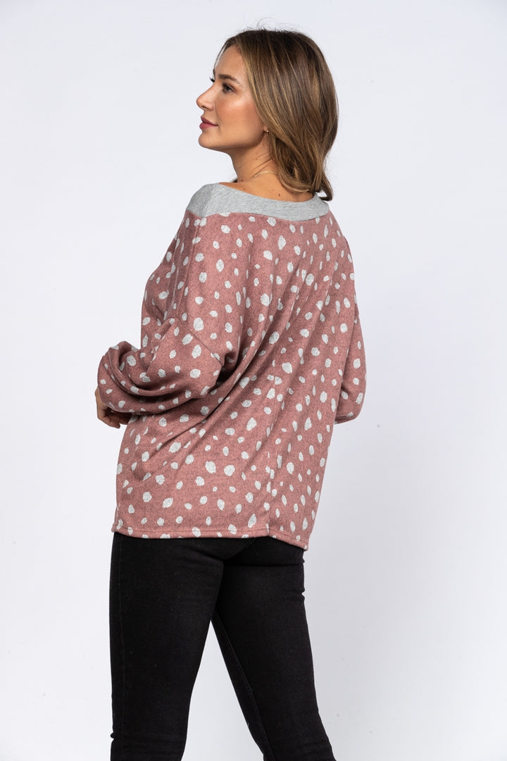 DUSTY REDWOOD DOTS PRINT RIB STITCH CONTRAST TOP-T1948