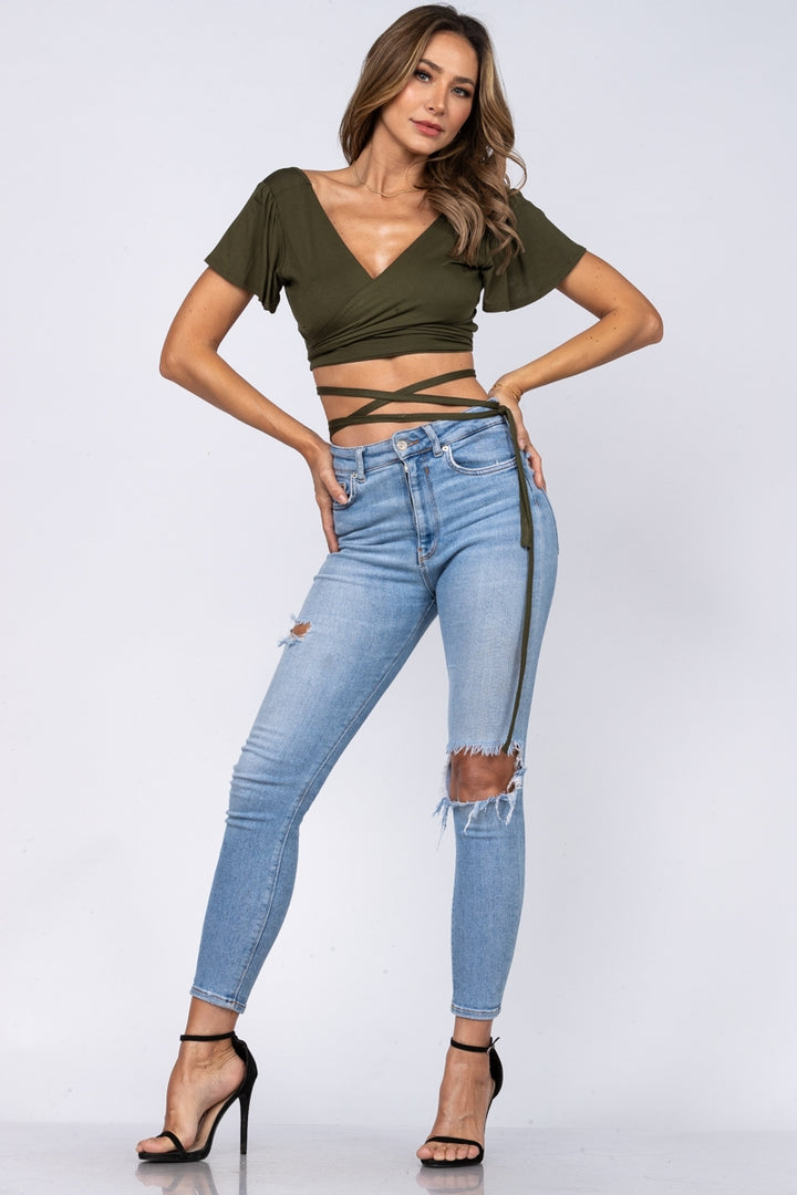 OLIVE KNIT V-NECK CROP TOP-BT90318