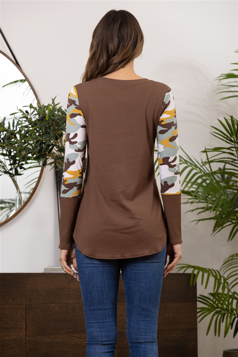 BROWN CAMOUFLAGE LONG SLEEVES KNIT TOP-B5538-A