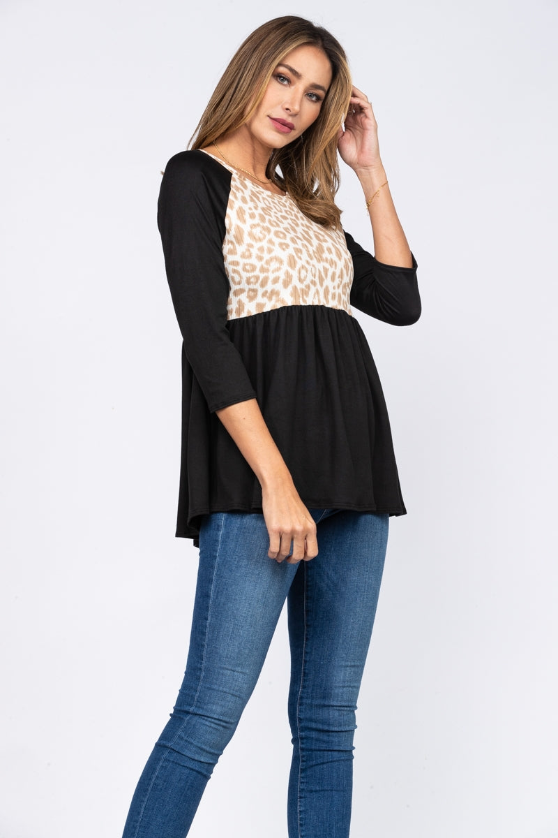 NOIR BLACK ANIMAL PRINT BABY-DOLL STYLE KNIT TOP B50596