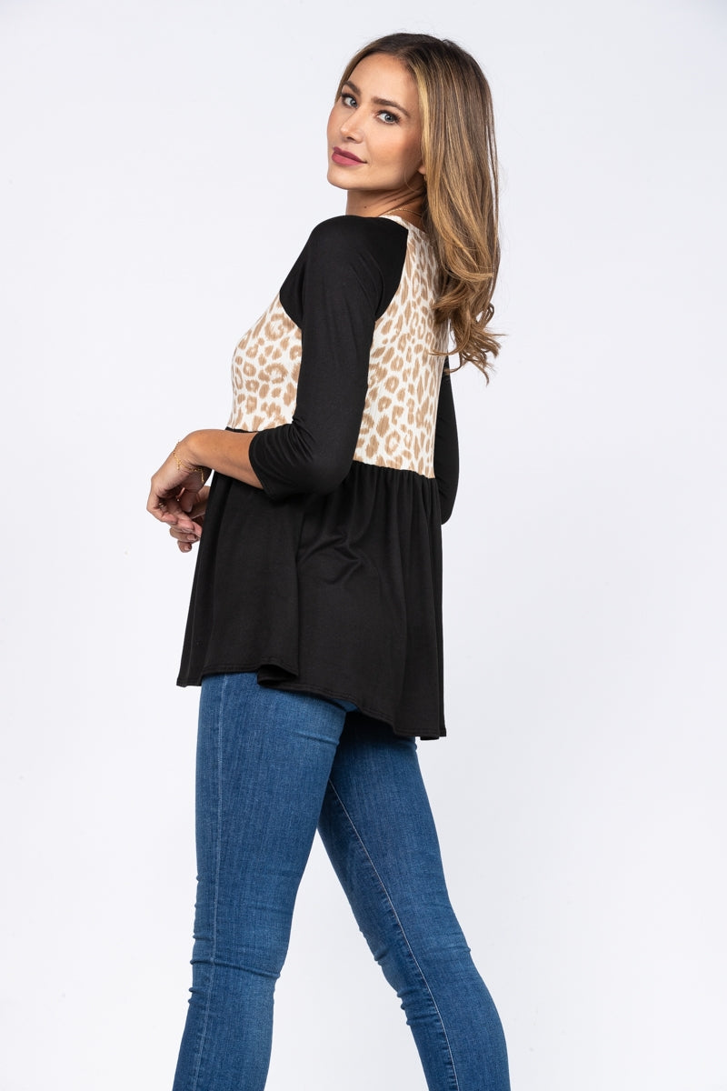 NOIR BLACK ANIMAL PRINT BABY-DOLL STYLE KNIT TOP B50596