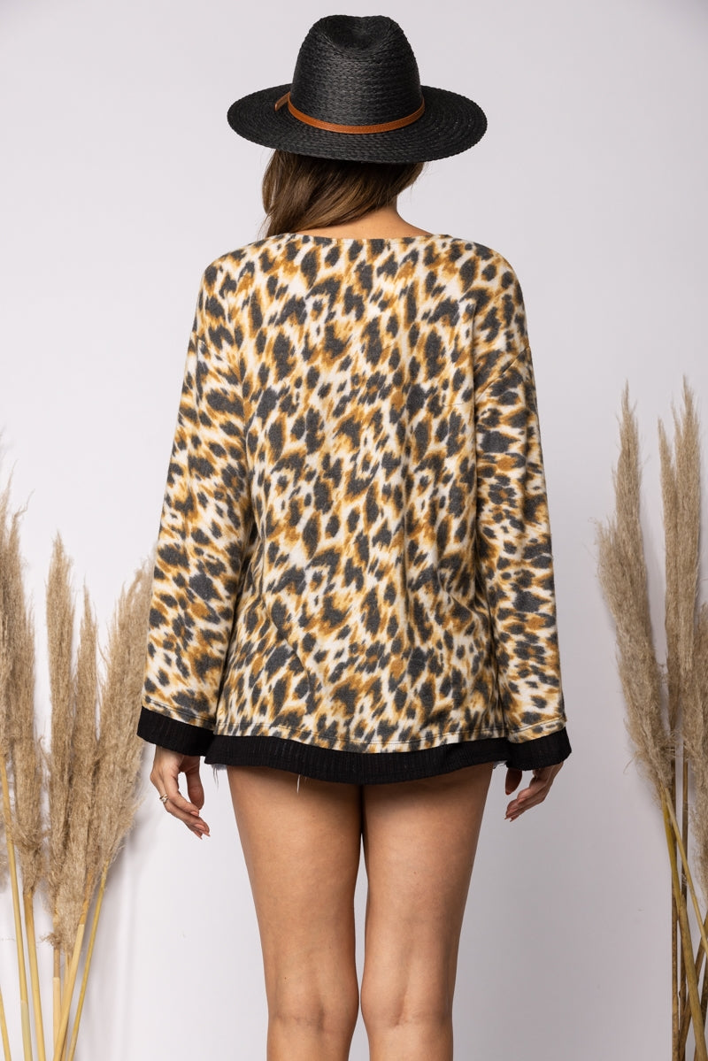 MUSTARD ANIMAL PRINT KIMONO SLEEVE KNIT TOP TY10282