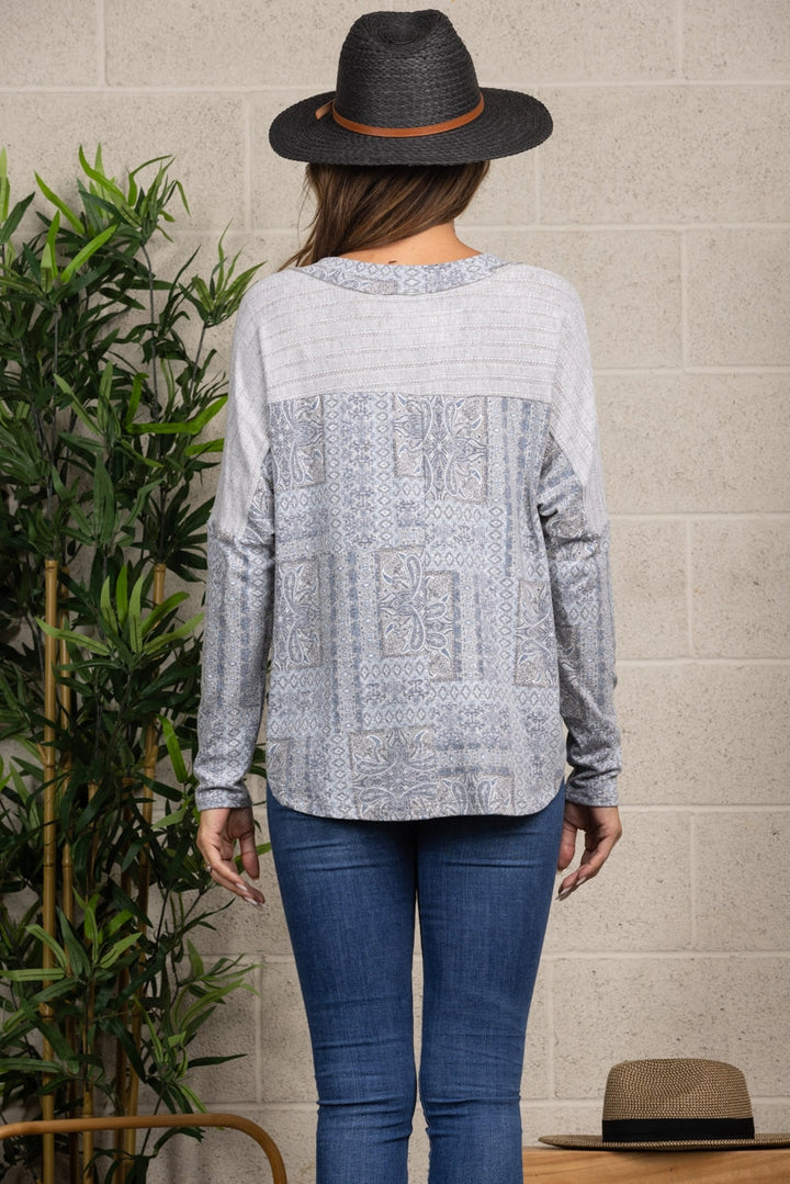 GRAY BLUE PAISLEY/GEOMETRIC PRINT LONG SLEEVE TOP TJ10169PD