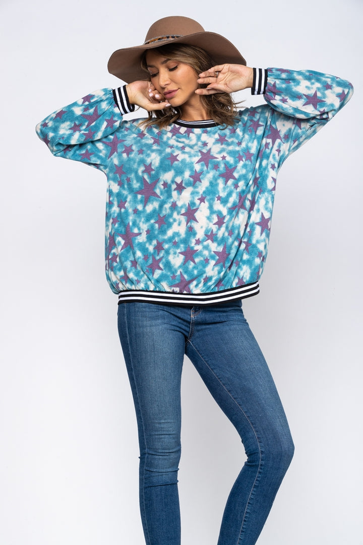 BLUE STAR PRINT LONG SLEEVES TOP TJ10340