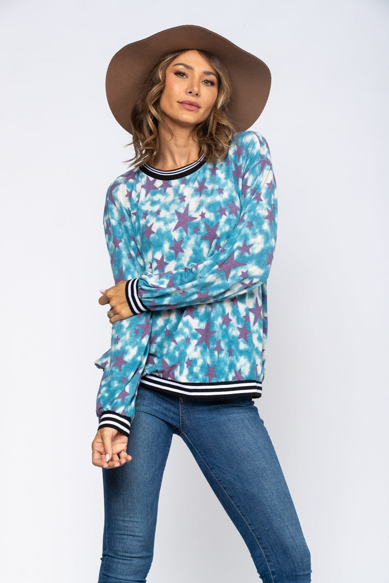 BLUE STAR PRINT LONG SLEEVES TOP TJ10340