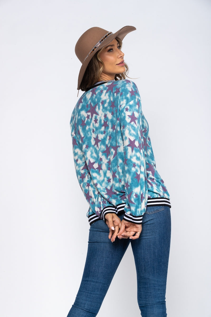 BLUE STAR PRINT LONG SLEEVES TOP TJ10340