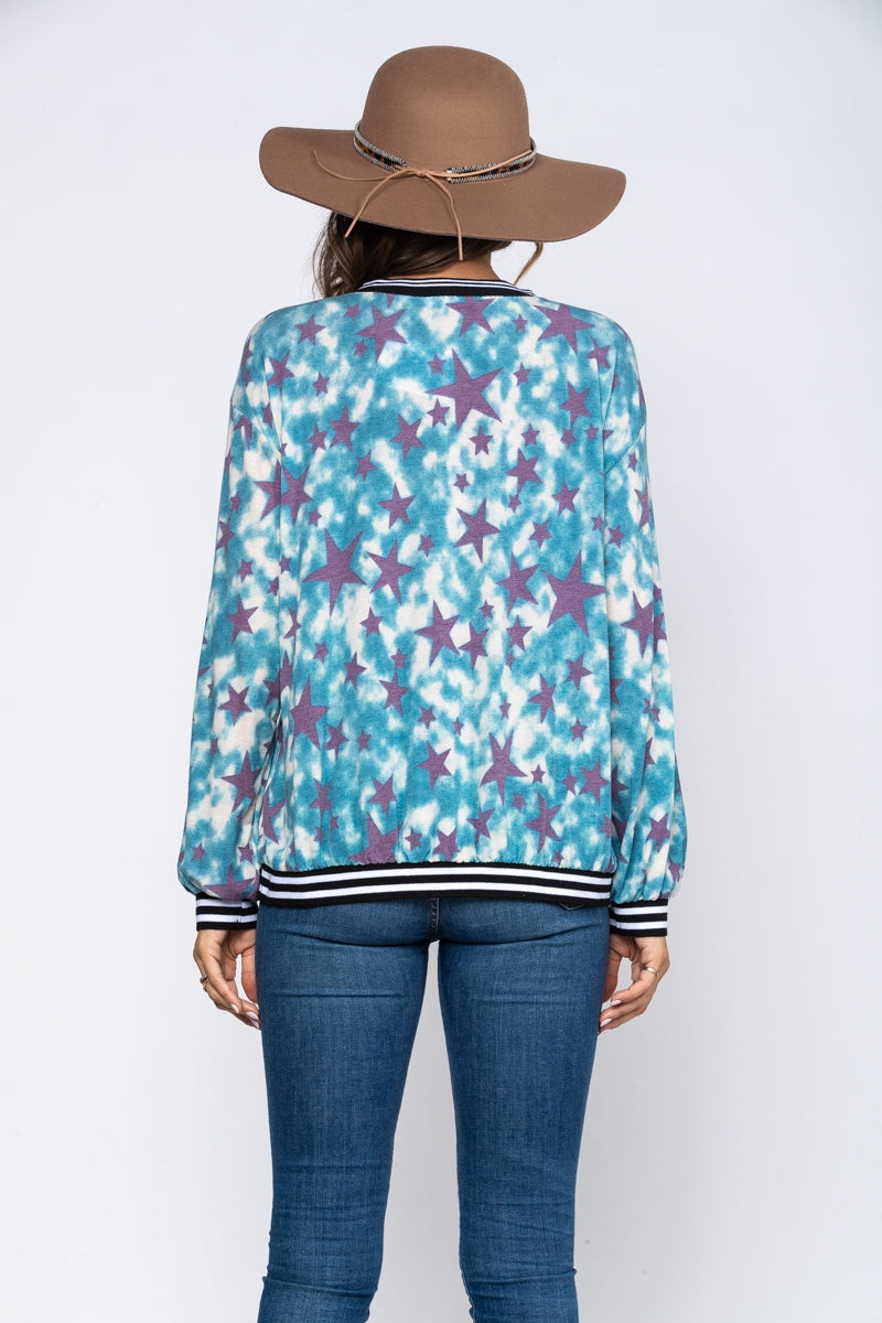 BLUE STAR PRINT LONG SLEEVES TOP TJ10340