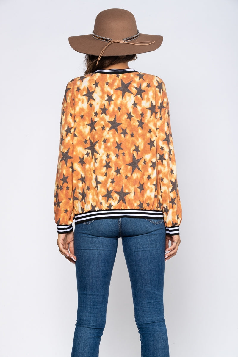 RUST STAR PRINT LONG SLEEVES TOP TJ10340