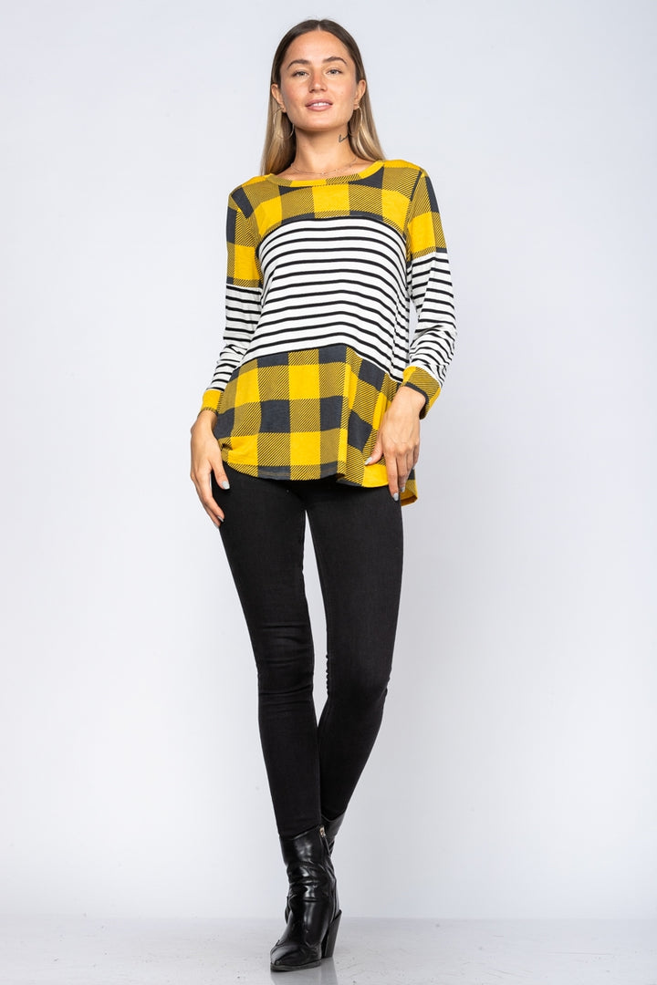 YELLOW BUFFALO PLAID LONG SLEEVES TOP-ST1786