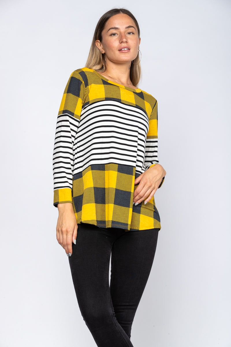 YELLOW BUFFALO PLAID LONG SLEEVES TOP-ST1786