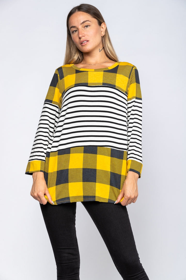 YELLOW BUFFALO PLAID LONG SLEEVES TOP-ST1786