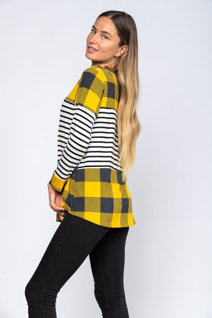 YELLOW BUFFALO PLAID LONG SLEEVES TOP-ST1786