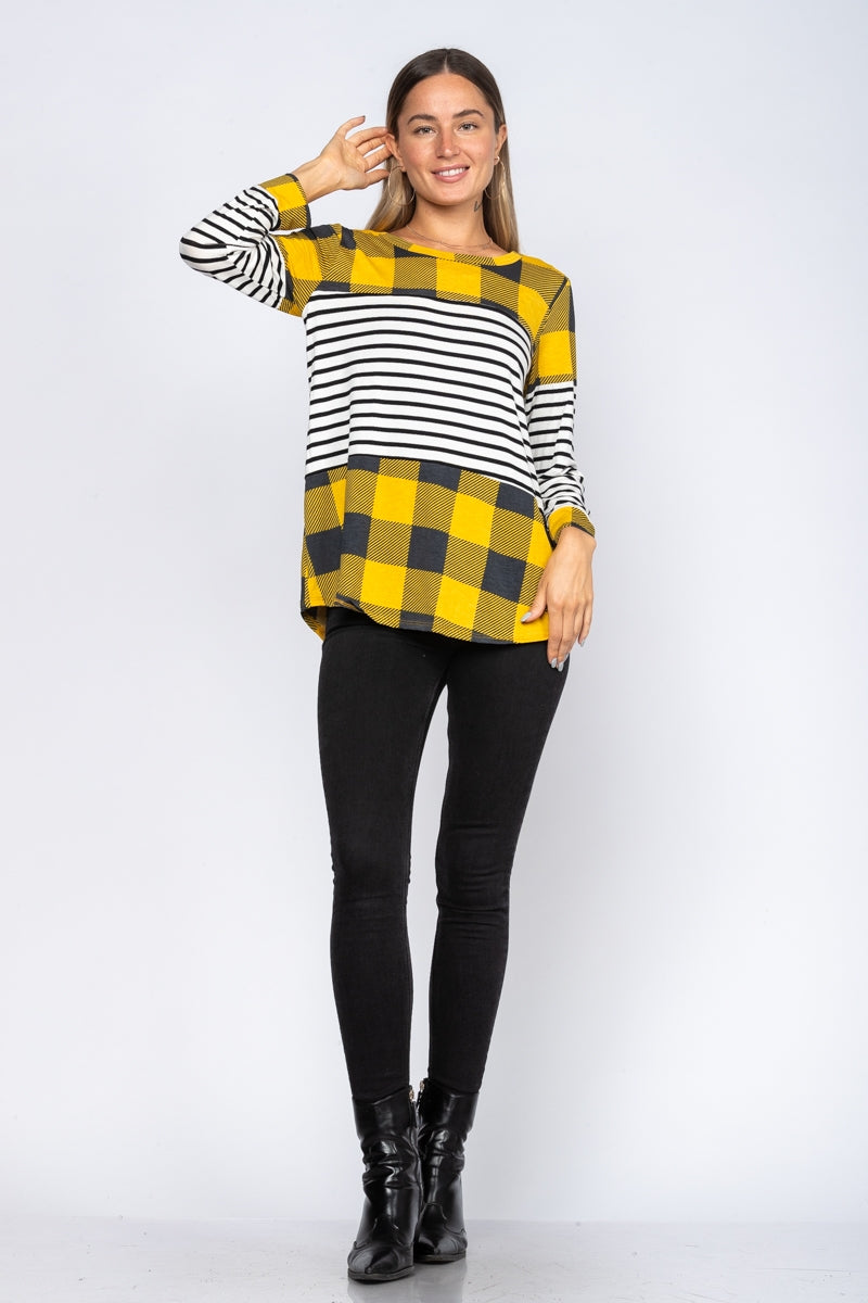 YELLOW BUFFALO PLAID LONG SLEEVES TOP-ST1786