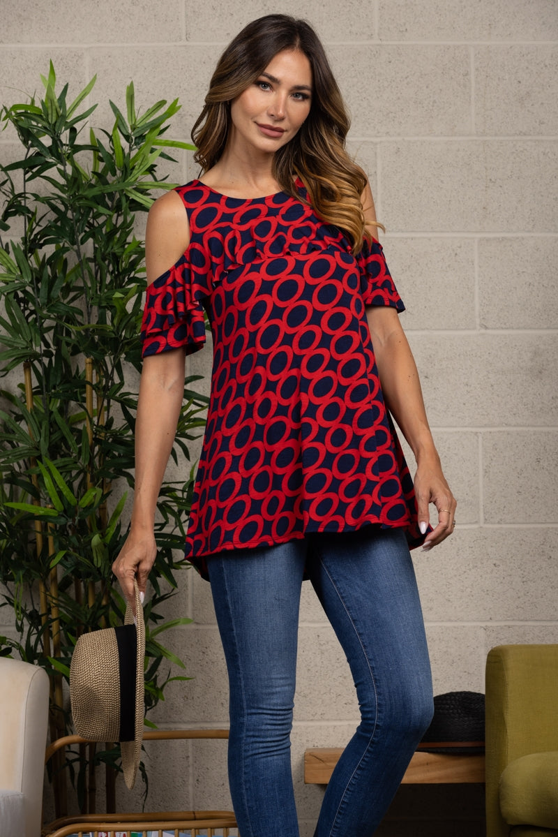 RED NAVY ROUND NECK COLD SHOULDER BLOUSE TOP B5632